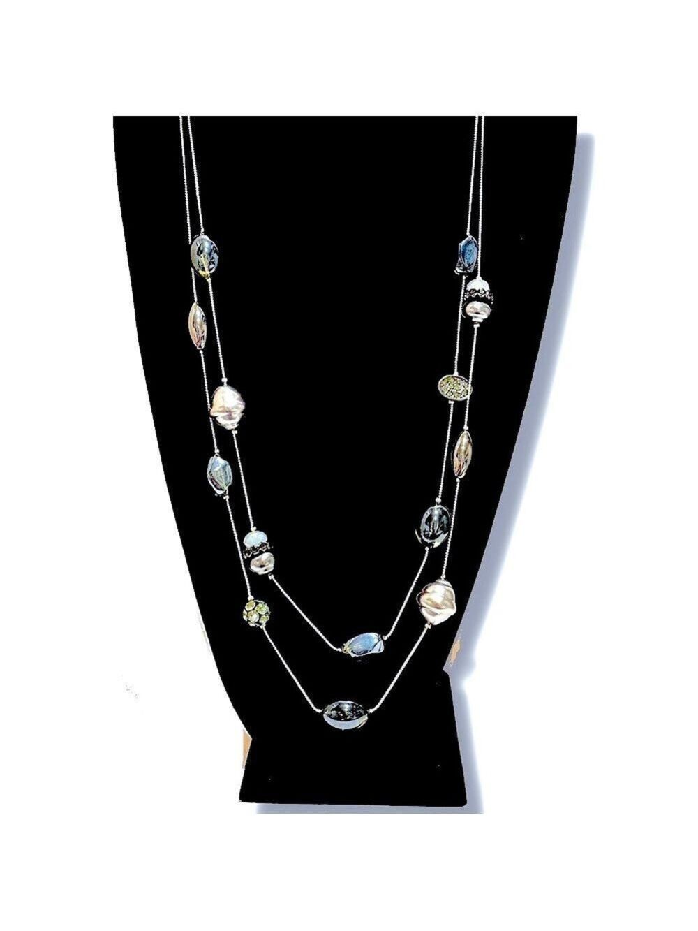 CHICO’S Blue/Gray Iridescent Stone Station Day-to-Night Layered Necklace | NWT
